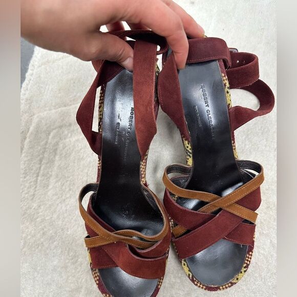 Robert Clergerie Burgundy Red Suede Plaid Platform Strappy Heel Sandals Size 39 - Picture 7 of 11